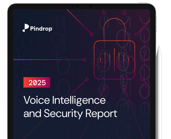 Tablet displaying the 2025 Voice Intelligence and Security Report cover featuring a digital lock icon representing data-driven fraud detection insights