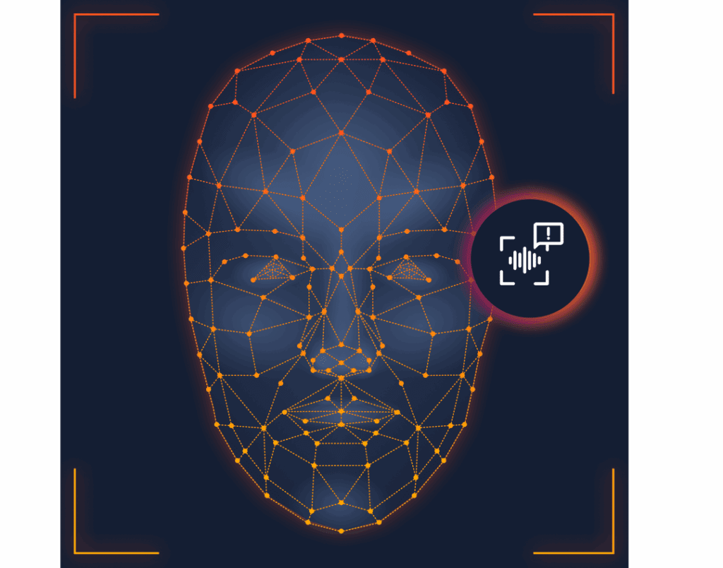 AI facial mapping illustrating real-time deepfake detection in meetings.