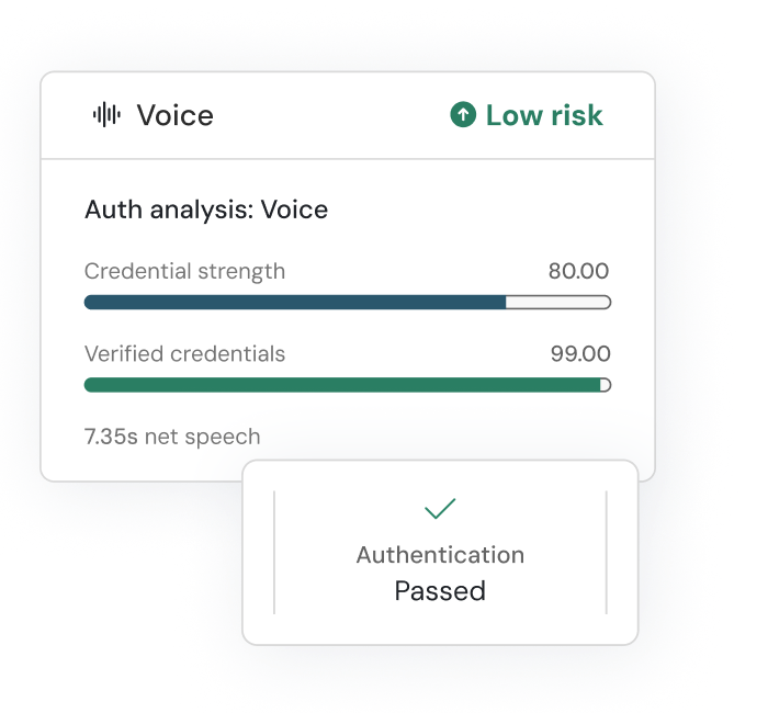 Pindrop Passport auth analysis of voice showing low risk